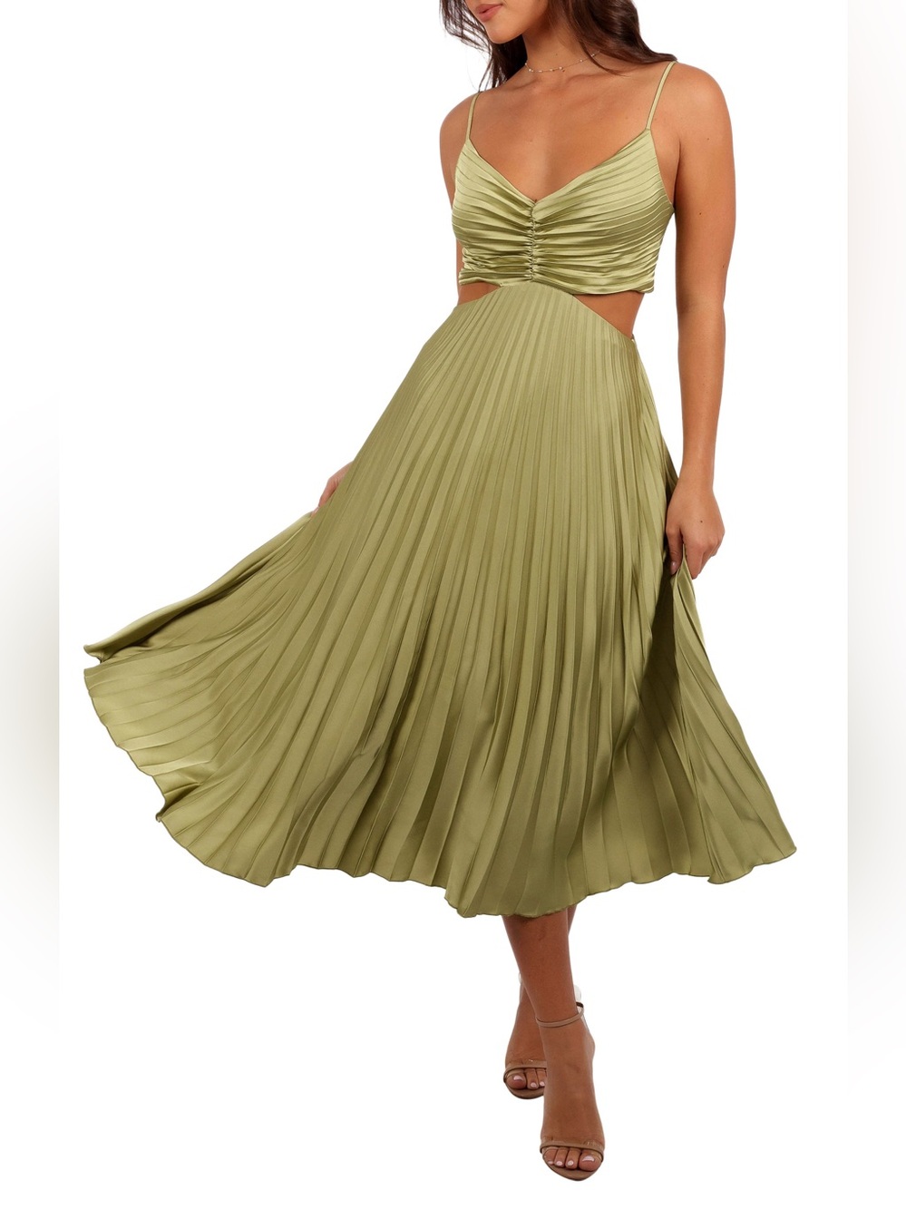 Petal and Pup Pleated Midi Dress with Spaghetti Straps